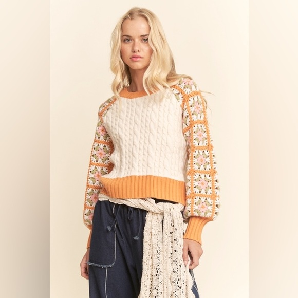 DAVI & DANI Sweaters - Crochet Sleeve Granny Square Cable Knit Sweater - Davi & Dani